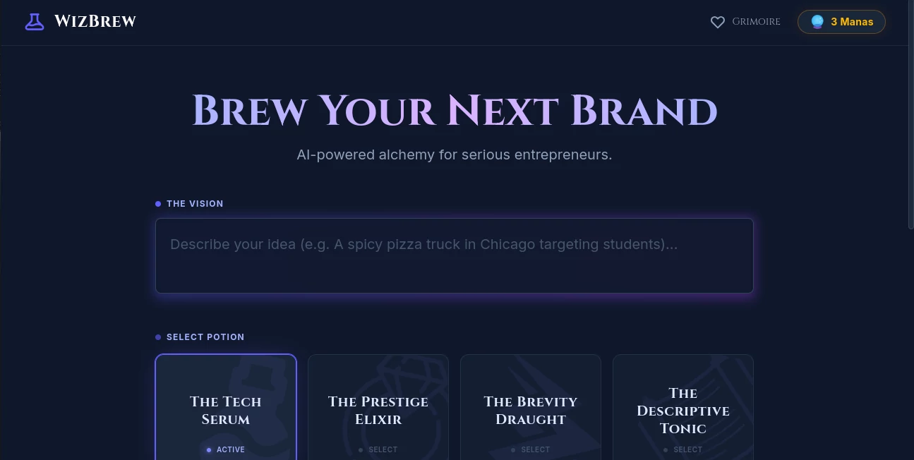 Screenshot of WizBrew - AI Domain Name Search – An AI tool in the ,AI Creative Writing ,AI Content Generator ,AI Business Ideas Generator ,AI Design Generator  category, showcasing its interface and key features.