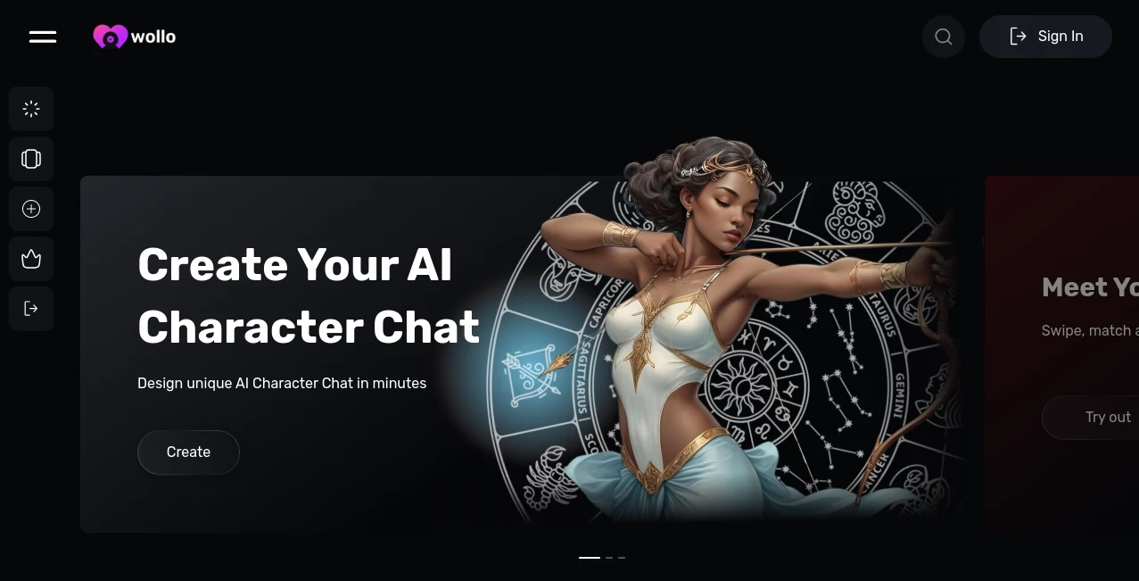Screenshot of Wollo AI – An AI tool in the ,AI Chatbot ,AI Girlfriend ,AI Character ,AI Fun Tools  category, showcasing its interface and key features.