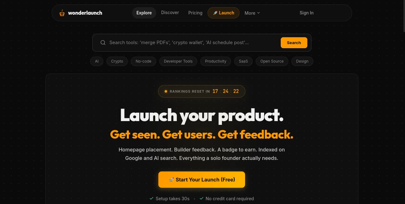 Screenshot of Wonderlaunch – An AI tool in the ,AI Tools Directory  category, showcasing its interface and key features.