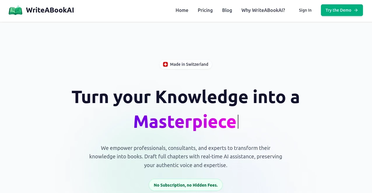Screenshot of WriteABookAI – An AI tool in the ,AI Story Writing ,AI Book Writing ,AI General Writing ,AI Creative Writing  category, showcasing its interface and key features.
