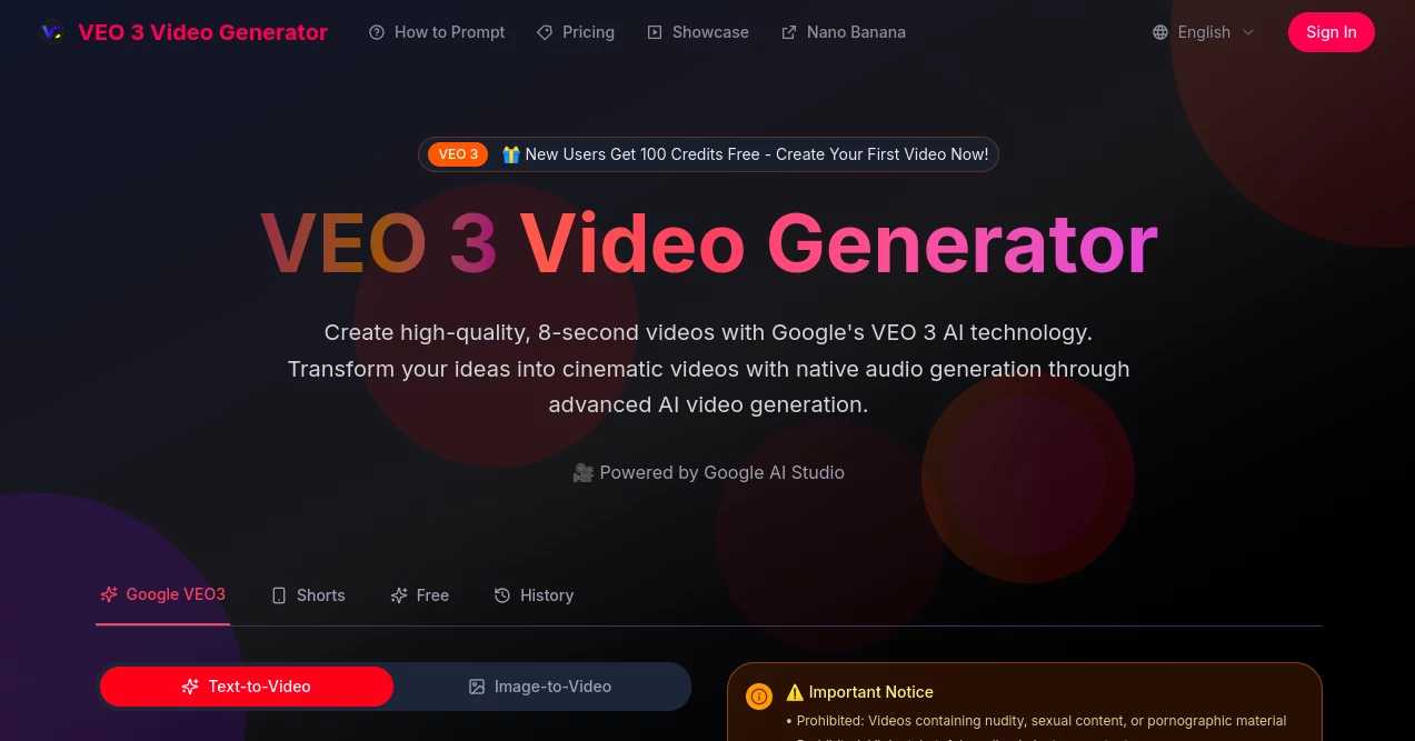Screenshot of VEO 3 Video Generator – An AI tool in the ,AI Video Editor ,AI Analytics Assistant ,AI Sports ,AI Video Recording  category, showcasing its interface and key features.
