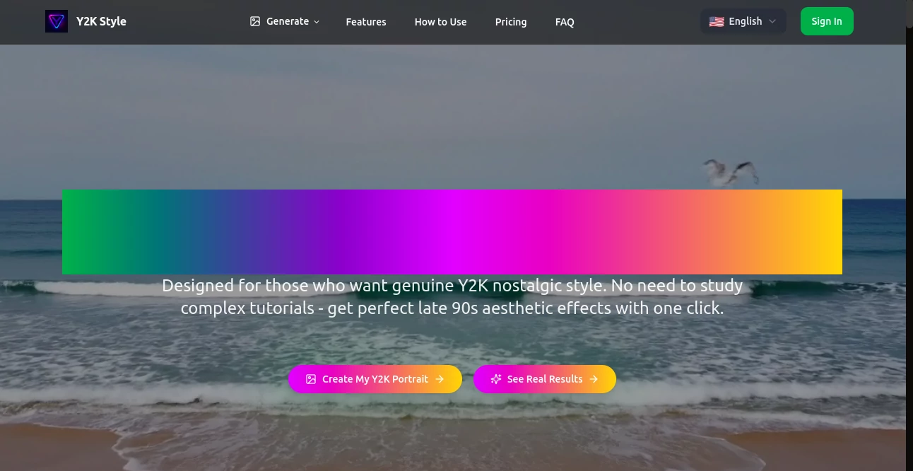 Screenshot of Y2K Style – An AI tool in the ,AI Photo & Image Generator ,AI Art Generator ,AI Design Generator ,AI Anime Art  category, showcasing its interface and key features.