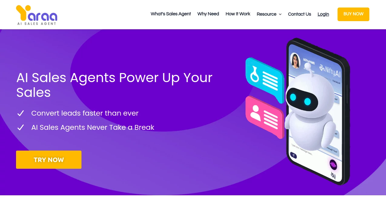 Screenshot of Yaraa AI Sales Agents – An AI tool in the ,AI Sales Assistant ,AI Customer Service Assistant ,AI Lead Generation ,AI Chatbot  category, showcasing its interface and key features.
