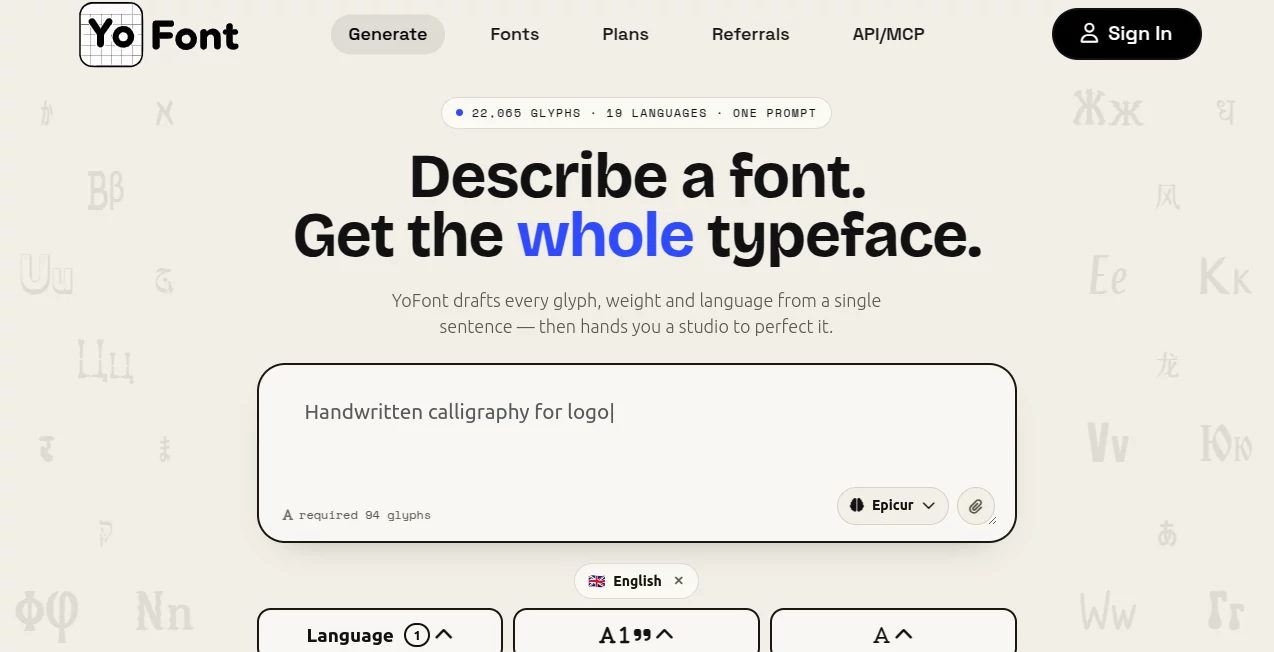 Screenshot of YoFont – An AI tool in the ,AI Design Assistant ,AI Font ,AI Design Generator ,AI Graphic Design  category, showcasing its interface and key features.