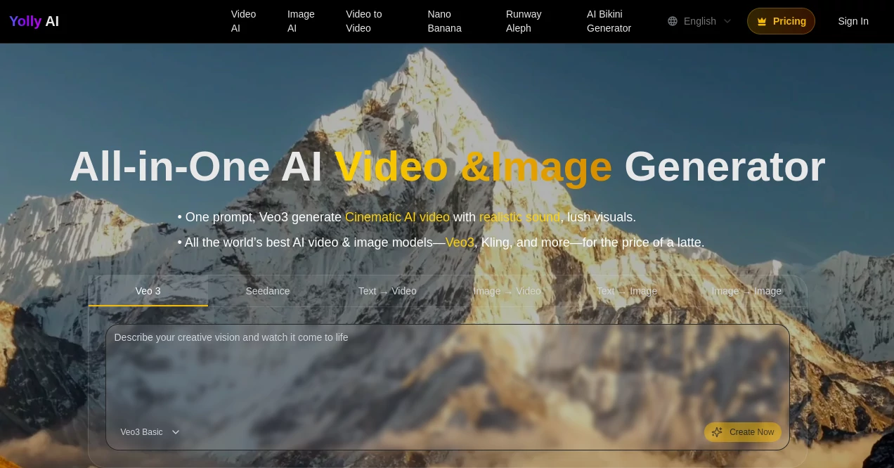 Screenshot of Yolly AI – An AI tool in the ,AI Photo & Image Generator ,AI Video Generator  category, showcasing its interface and key features.