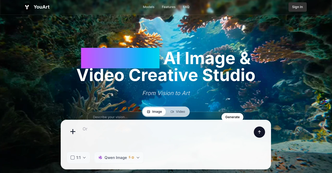Screenshot of YouArt AI – An AI tool in the ,AI Text to Image ,AI Illustration Generator ,AI Art Generator  category, showcasing its interface and key features.