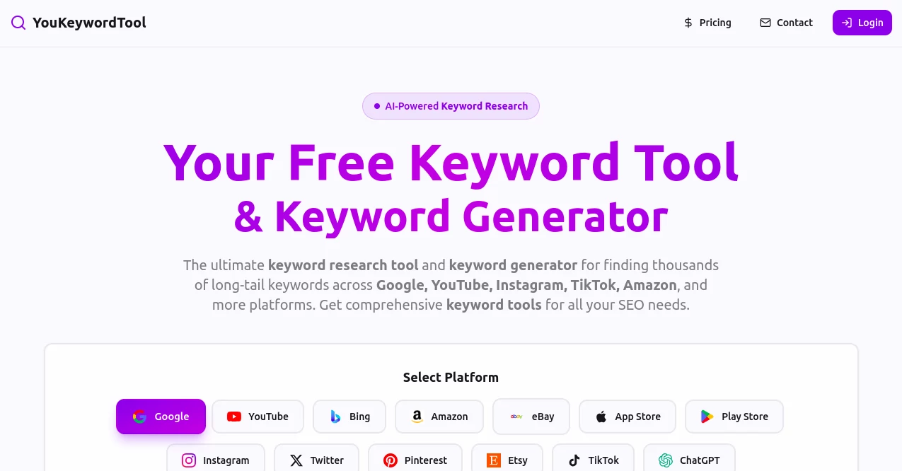 Screenshot of YouKeywordTool – An AI tool in the ,AI Research Tool ,AI Analytics Assistant ,AI SEO Assistant ,AI Marketing Plan Generator  category, showcasing its interface and key features.