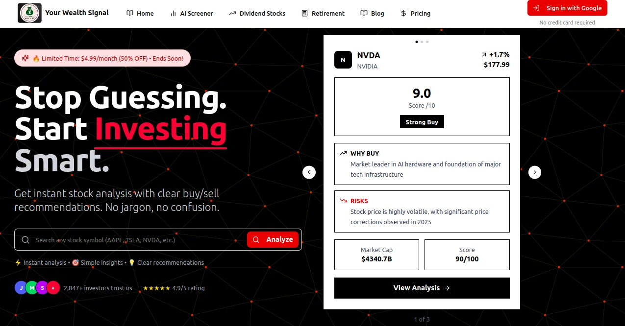 Screenshot of Your Wealth Signal – An AI tool in the ,AI Investing Assistant ,AI Productivity Tools ,Business  category, showcasing its interface and key features.