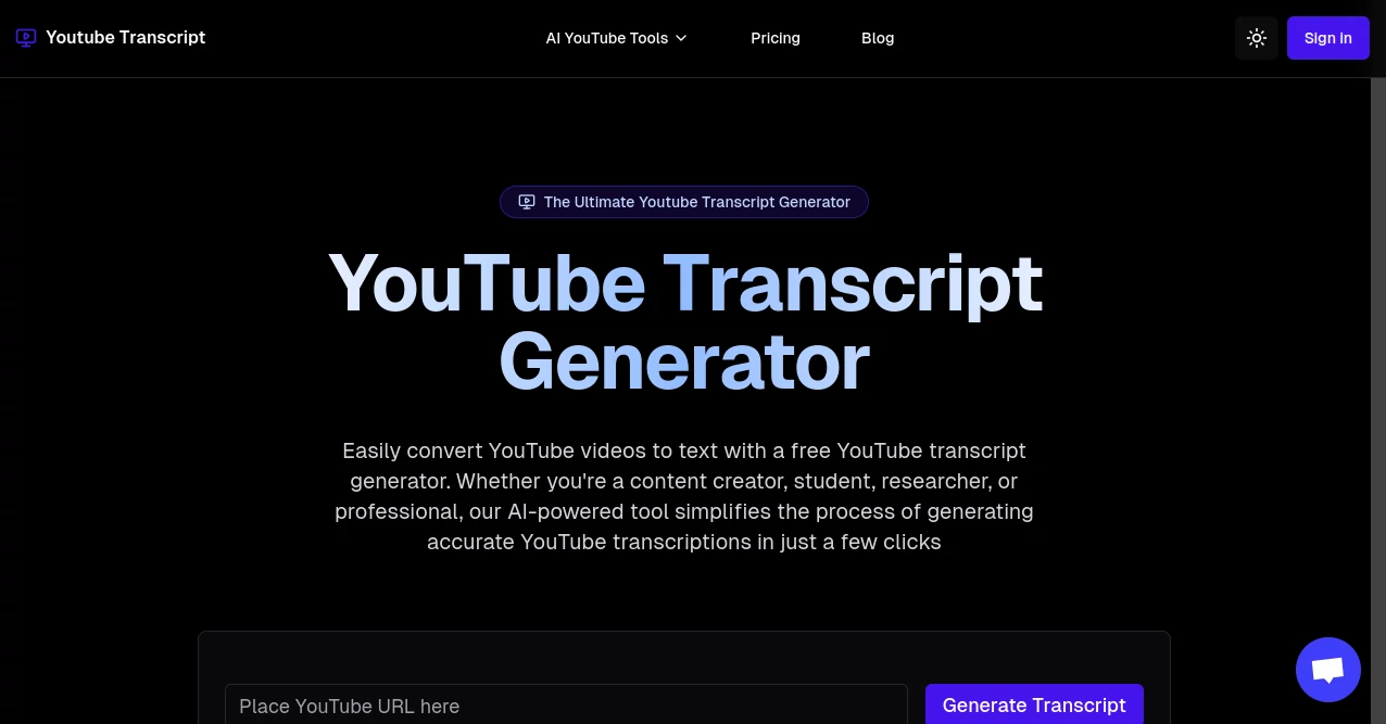 Screenshot of Youtube Transcript – An AI tool in the ,AI Summarizer ,AI Transcription ,AI YouTube Assistant ,AI Podcast Assistant  category, showcasing its interface and key features.
