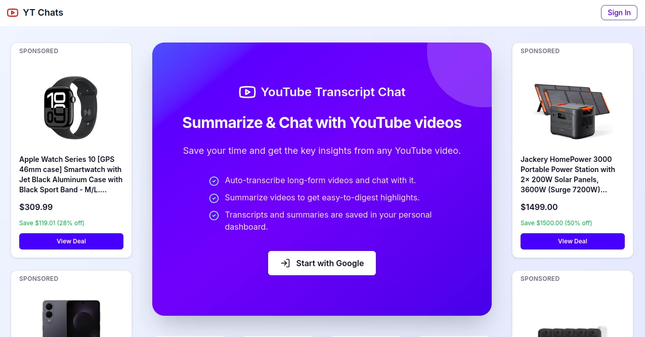 Screenshot of YT Chats – An AI tool in the ,AI Summarizer ,AI Transcription ,AI YouTube Assistant ,AI Notes Assistant  category, showcasing its interface and key features.