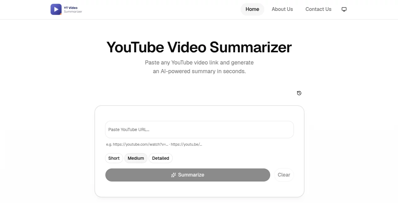 Screenshot of YT Video Summarizer – An AI tool in the ,AI Video Search ,AI Summarizer ,AI Education Assistant ,AI Productivity Tools  category, showcasing its interface and key features.