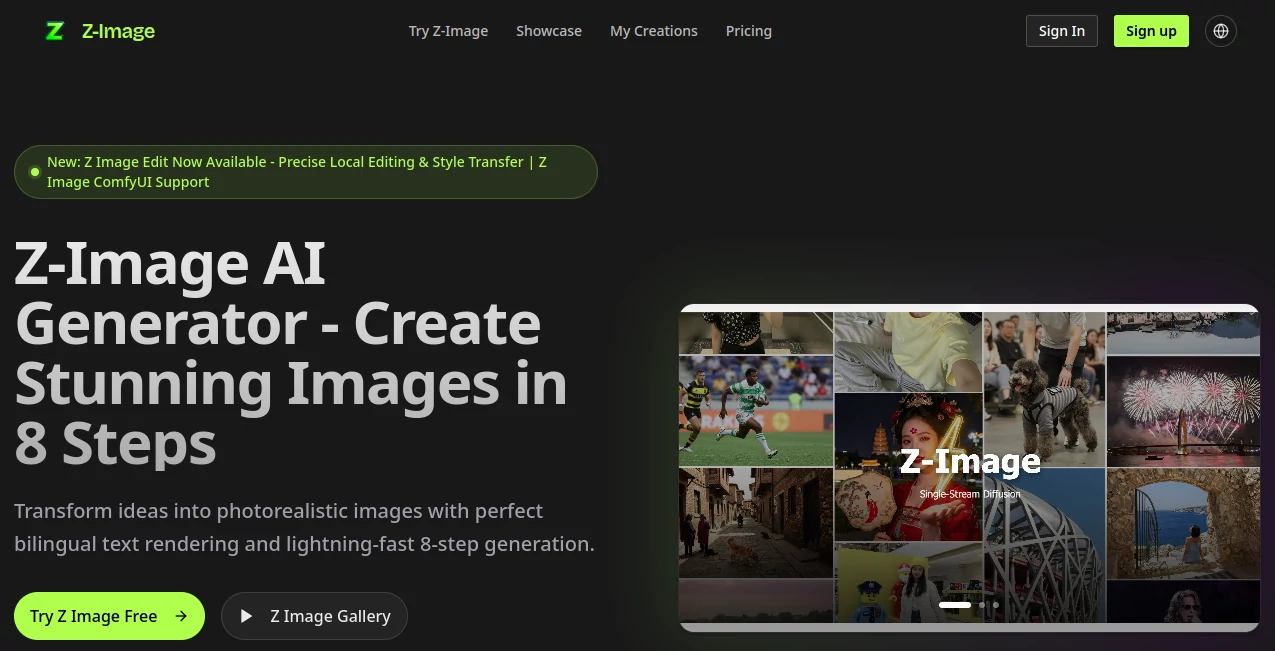 Screenshot of Z-Image – An AI tool in the ,AI Content Generator ,AI Text to Image ,AI Photo & Image Generator ,AI Design Generator  category, showcasing its interface and key features.