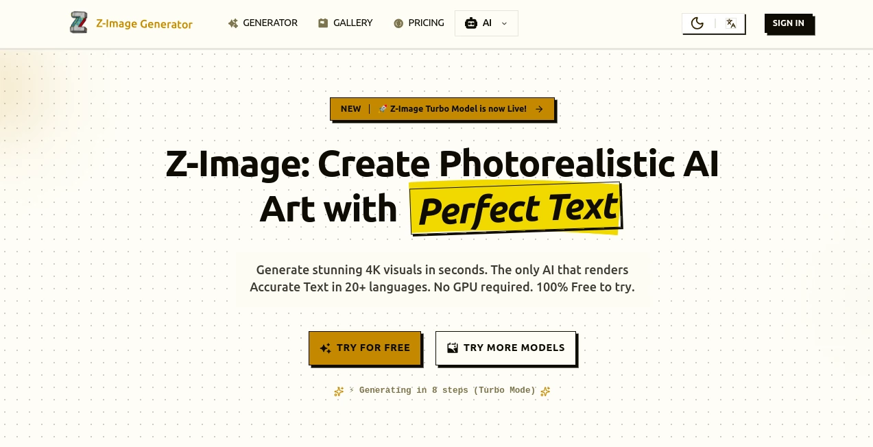 Screenshot of Z-Image Generator – An AI tool in the ,AI Text to Image ,AI Photo & Image Generator ,AI Art Generator ,AI Design Generator  category, showcasing its interface and key features.
