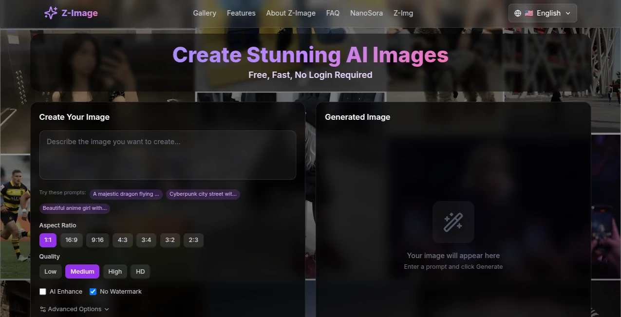 Screenshot of Z-Image Free – An AI tool in the ,AI Photo & Image Generator ,AI Art Generator ,AI Design Generator ,AI Text to Image  category, showcasing its interface and key features.