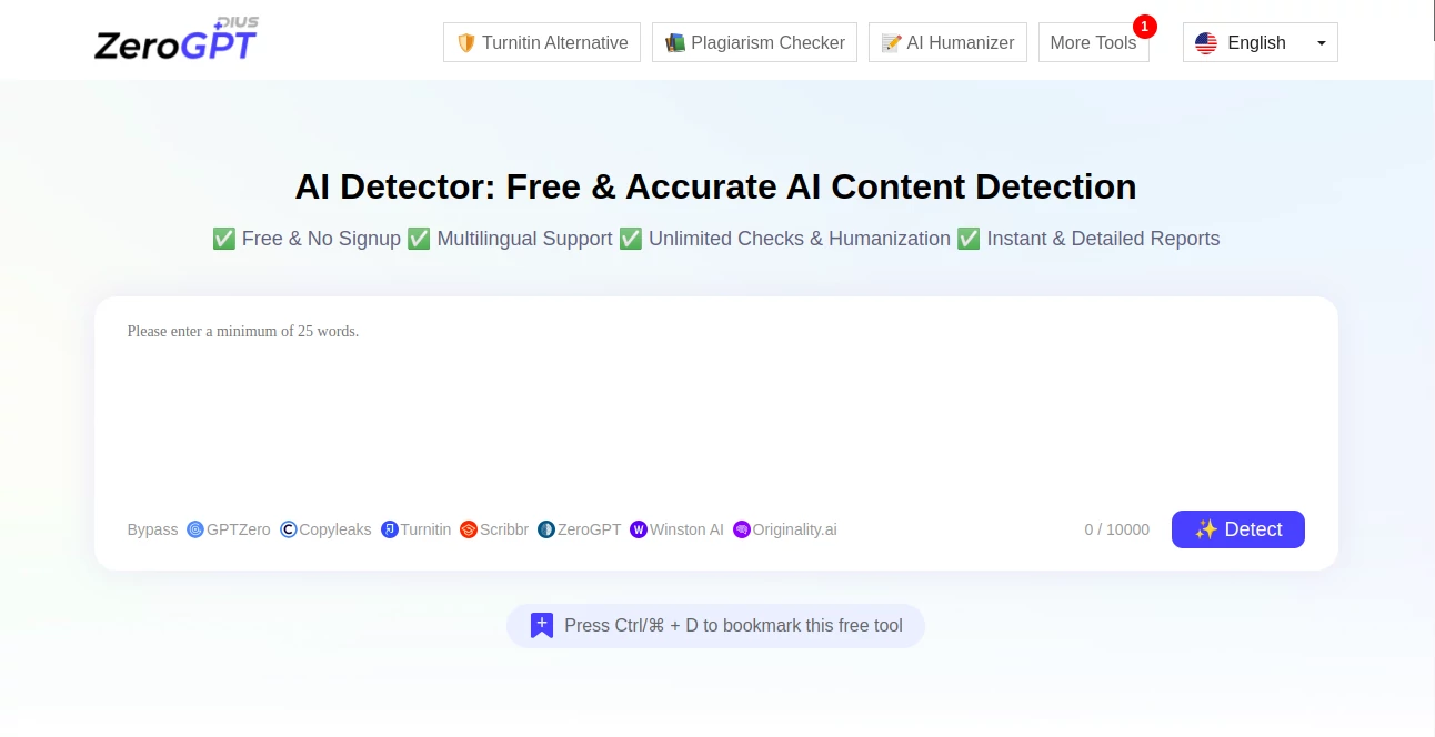 Screenshot of ZeroGPT Plus – An AI tool in the ,AI Summarizer ,AI Writing Assistants ,AI Detector ,AI Content Detector ,AI Knowledge Management  category, showcasing its interface and key features.