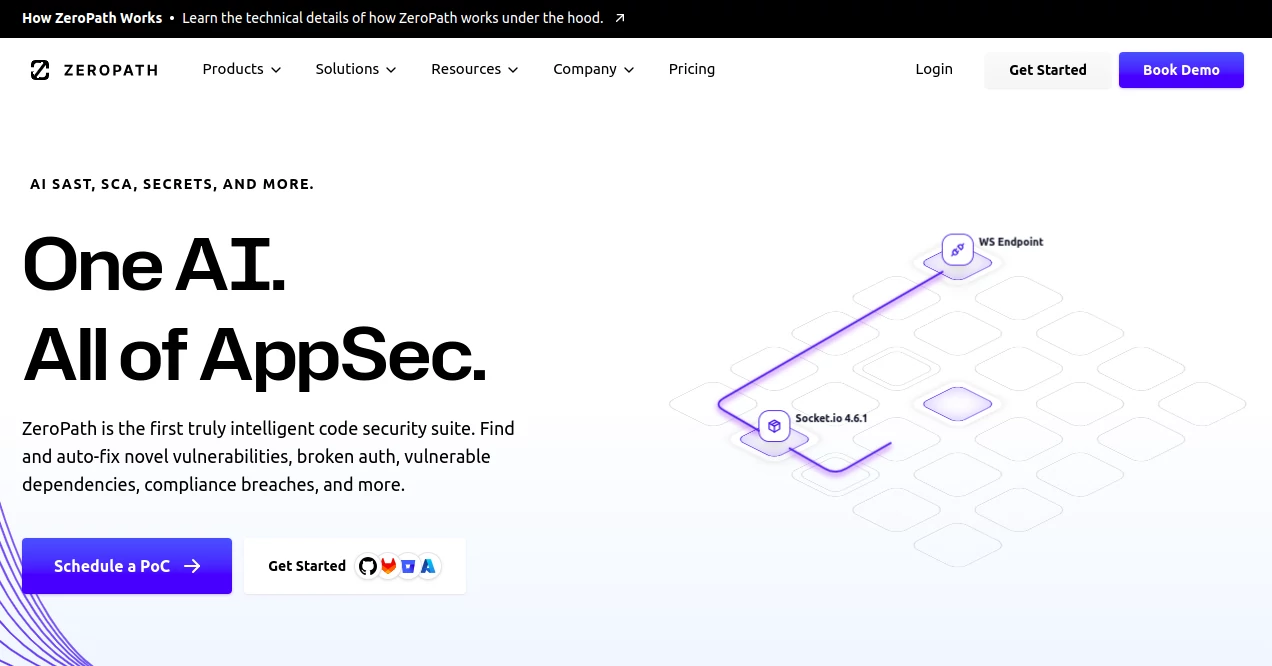 Screenshot of Zeropath – An AI tool in the ,AI Code Assistant ,AI Code Explanation ,AI Testing & QA ,AI Developer Tools  category, showcasing its interface and key features.