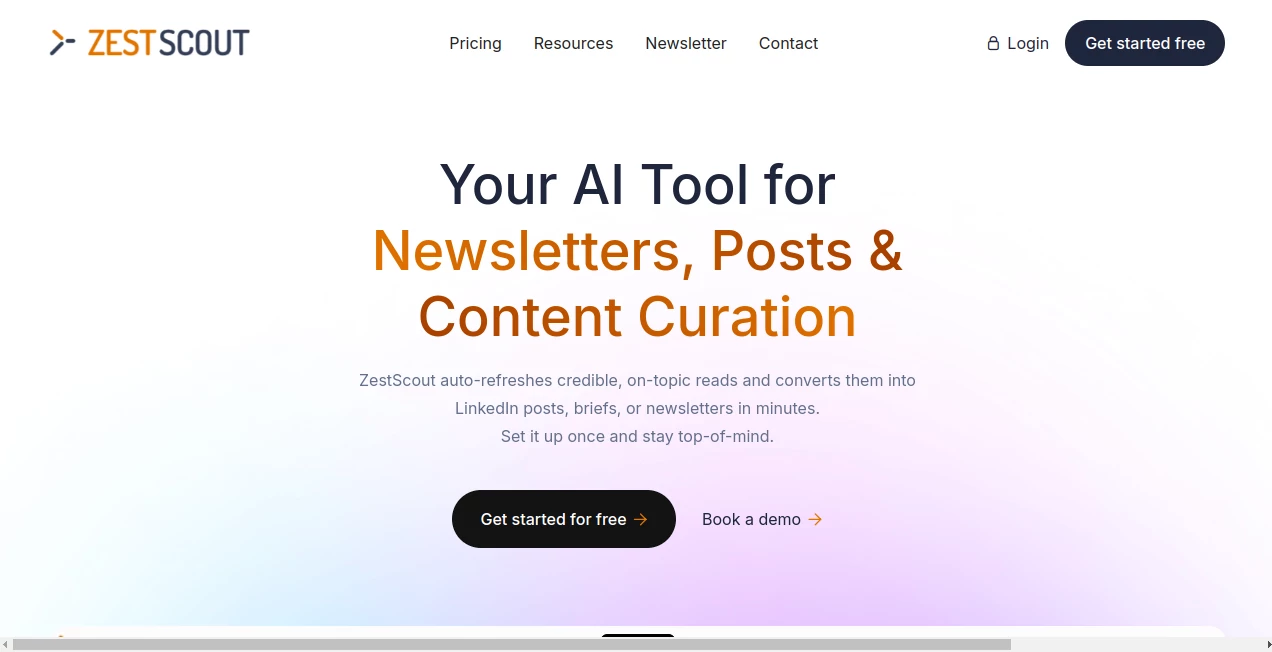 Screenshot of zestscout – An AI tool in the ,AI Content Generator ,AI Social Media Assistant ,AI Repurpose Assistant ,AI Newsletter  category, showcasing its interface and key features.