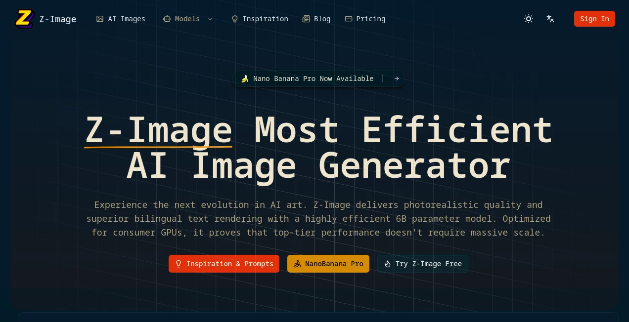 Screenshot of Z-Image – An AI tool in the ,AI Text to Image ,AI Photo & Image Generator ,AI Art Generator ,AI Design Generator  category, showcasing its interface and key features.