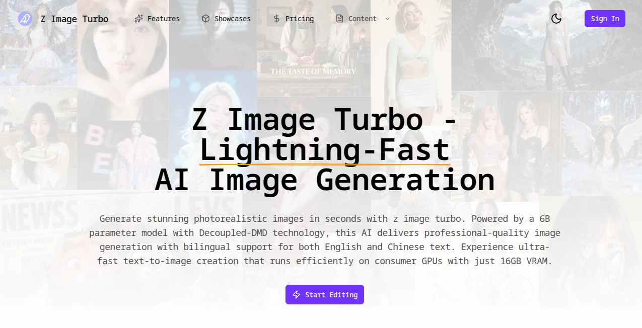 Screenshot of Z Image Turbo – An AI tool in the ,AI Text to Image ,AI Photo & Image Generator ,AI Art Generator ,AI Design Generator  category, showcasing its interface and key features.