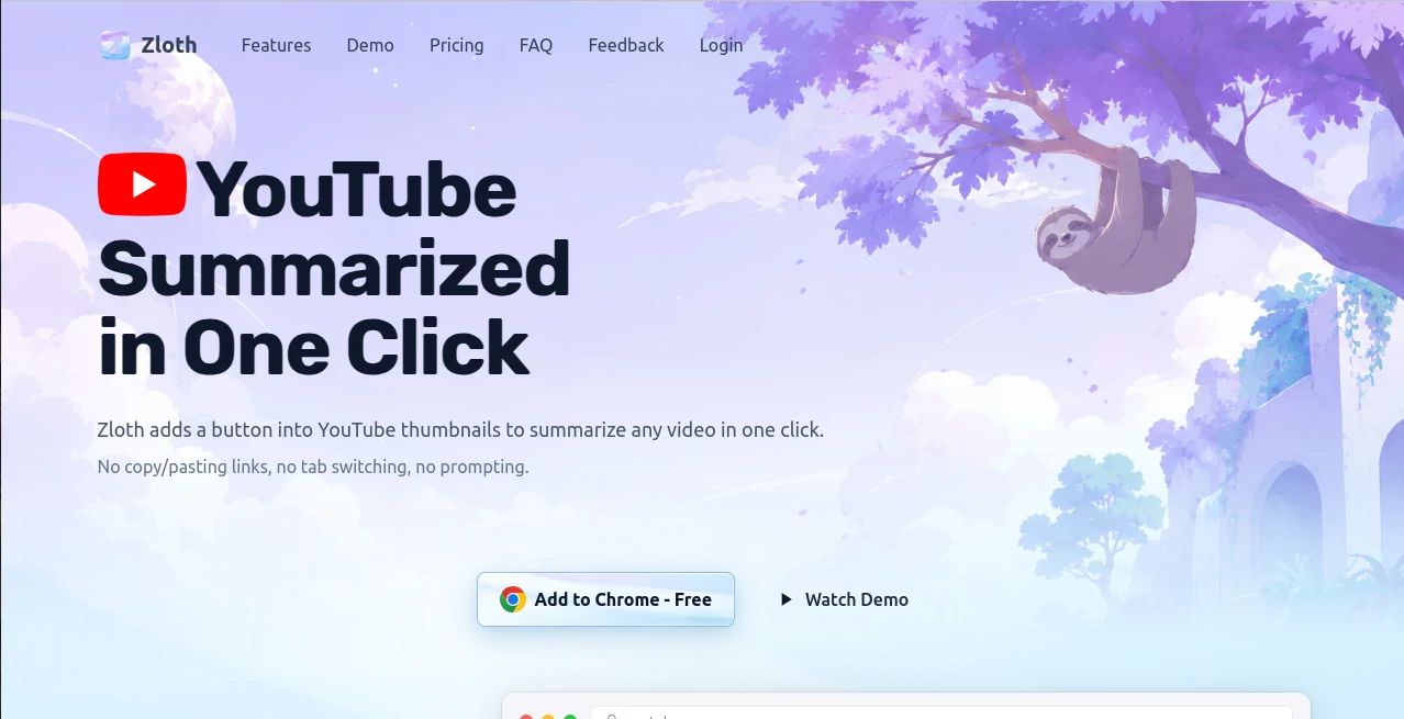 Screenshot of Zloth – An AI tool in the ,AI Summarizer ,AI Research Tool ,AI YouTube Assistant ,AI Productivity Tools  category, showcasing its interface and key features.