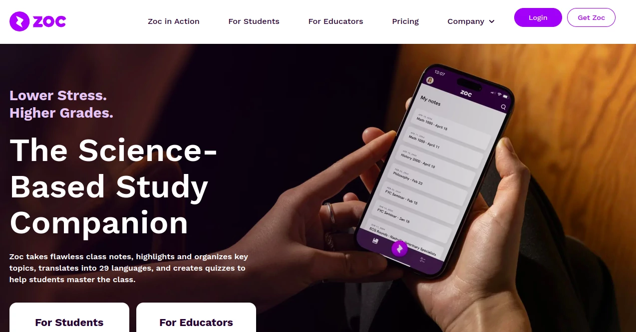 Screenshot of Zoc AI – An AI tool in the ,AI Homework Helper ,AI Quizzes ,AI Education Assistant ,AI Notes Assistant  category, showcasing its interface and key features.